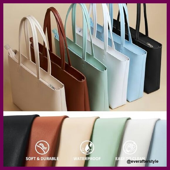 Faux Leather Tote Bag Zipper Shoulder Satchel Minimalist Chic Work Casual - Picture 7 of 7